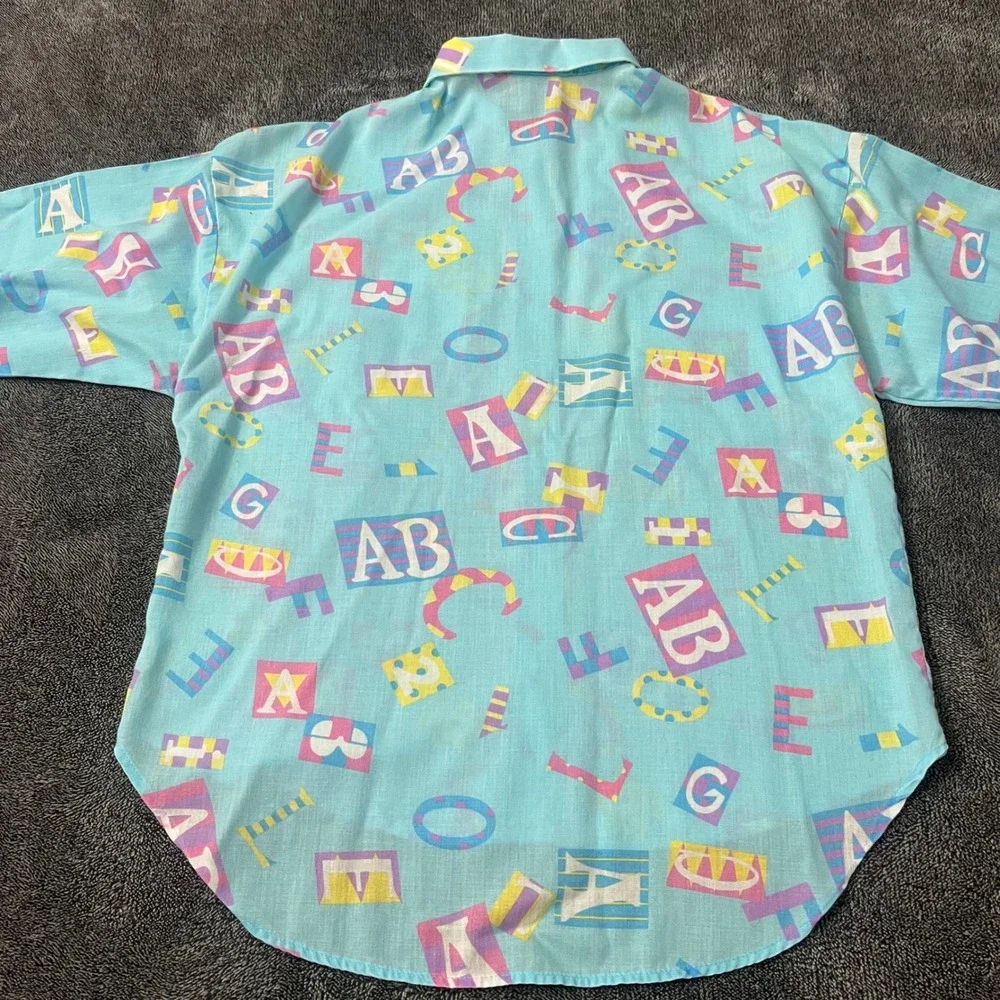 90's Vintage Land n Sea Kids Alphabet Block Print Button Down Shirt Blue Size 12